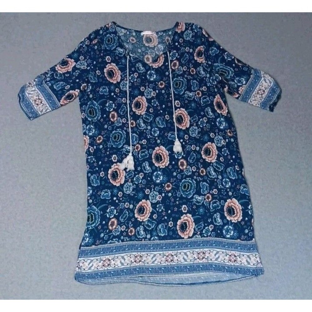 Halife Boho Floral Tunic Dress Womens L Blue Tassel Tie Peasant Festival Hippie
